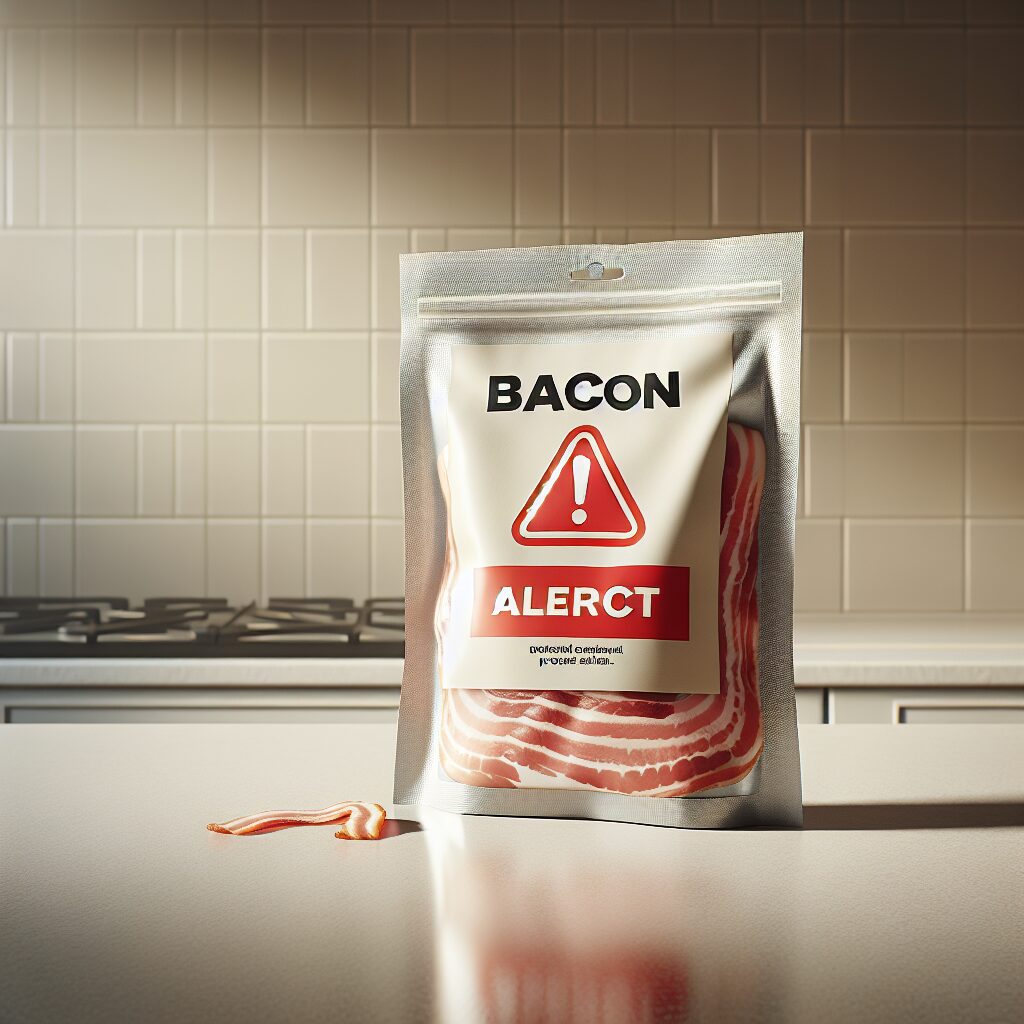 A package of bacon lardons with a red alert sign, symbolizing a product recall. The background should be a simple kitchen counter with a neutral tone, focusing on the lardons. No branding visible.
