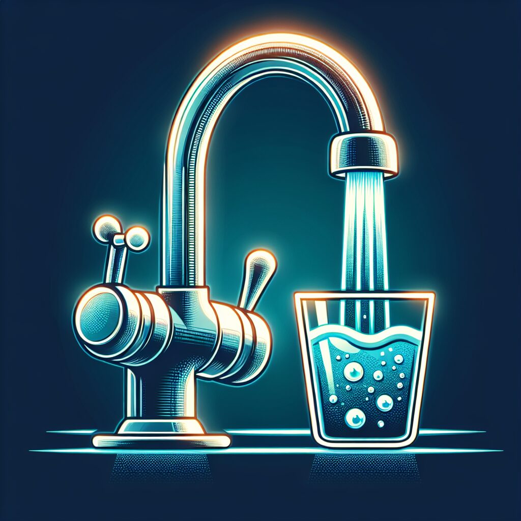 Illustration d'un robinet de cuisine, avec de l'eau qui coule dans un verre, symbolisant la qualité de l'eau potable en France, style réaliste et lumineux.
