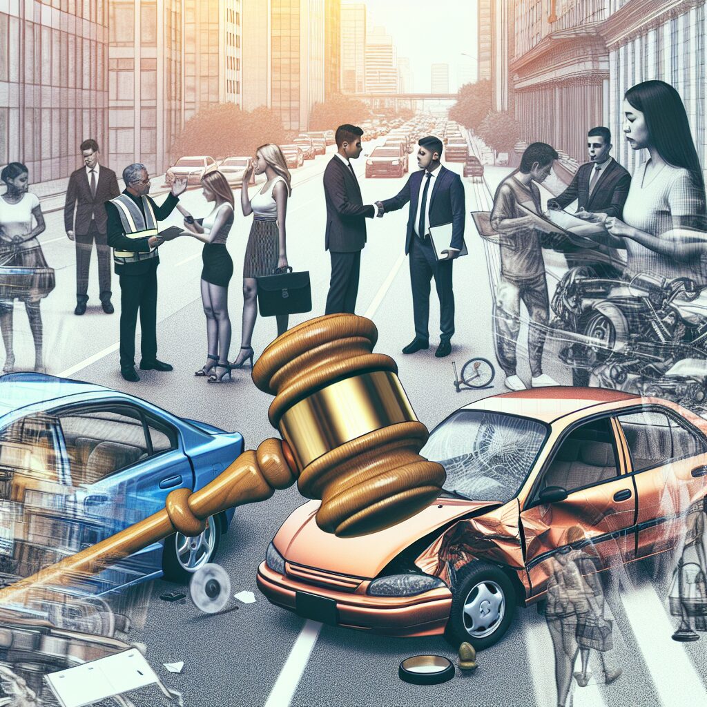 An illustration of a traffic accident with a focus on legal documents and a gavel, symbolizing legal recourse. The scene is set in an urban environment with cars slightly damaged, and people involved in exchanging information. The atmosphere is serious, yet hopeful, highlighting the justice aspect of post-accident procedures.