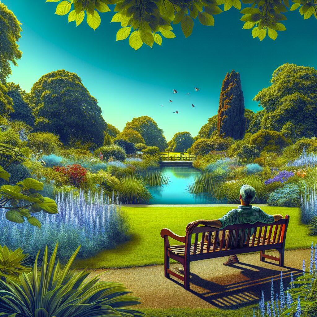 A serene summer scene in a park with a person relaxing on a bench, surrounded by lush greenery and a clear blue sky, symbolizing peace and mental well-being.