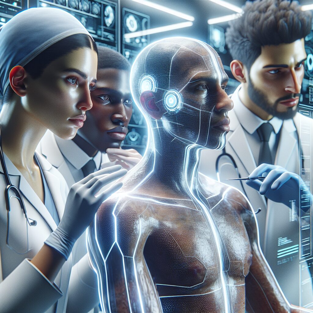 Dermatologists examining a patient in a clinical setting, surrounded by futuristic AI diagnostic tools, highlighting concern and seriousness in their expressions, realistic, detailed, medical environment, bright lighting.