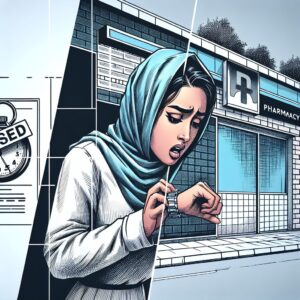 A striking image showing a closed pharmacy with a sign indicating a strike, a worried person looking at their watch, symbolizing urgency and frustration, in a modern urban setting.