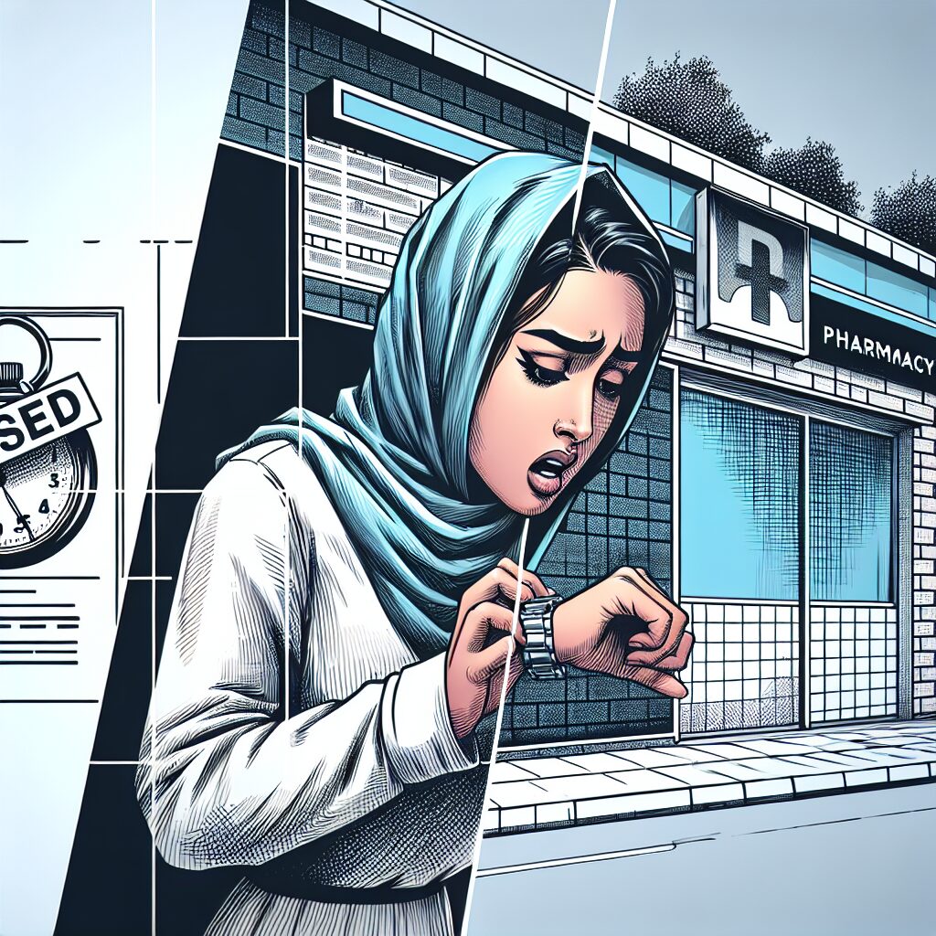 A striking image showing a closed pharmacy with a sign indicating a strike, a worried person looking at their watch, symbolizing urgency and frustration, in a modern urban setting.