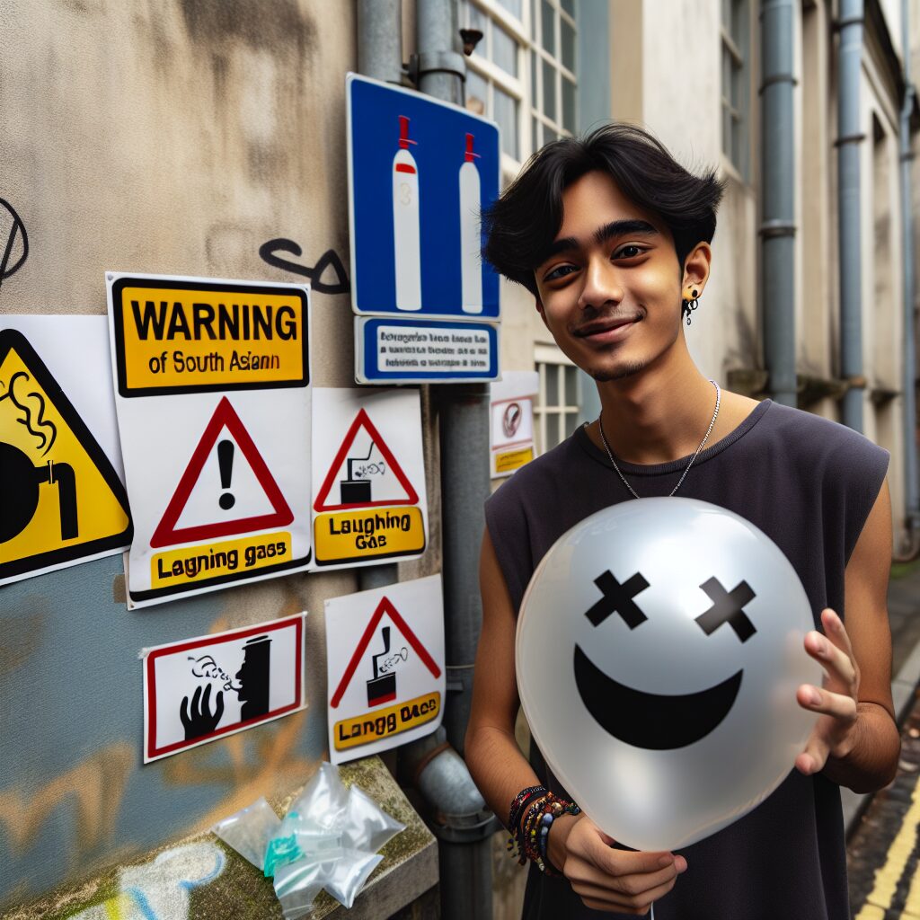 A young adult holding a balloon filled with nitrous oxide, surrounded by warning signs highlighting the dangers of laughing gas. The background should be an urban setting reflecting places where such misuse often occurs.