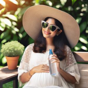 A pregnant woman enjoying summer safely, under a wide-brimmed hat, wearing sunglasses, sitting in the shade, with a bottle of water and a mist spray nearby, illustrating healthy precautions during a sunny day.