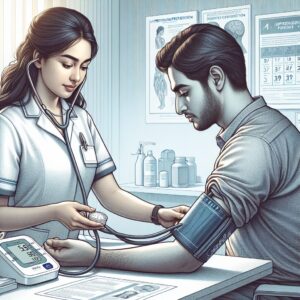 An illustration of a healthcare professional using a digital blood pressure monitor on a patient, emphasizing the concept of early detection of hypertension. Include elements that highlight the importance of regular health check-ups.