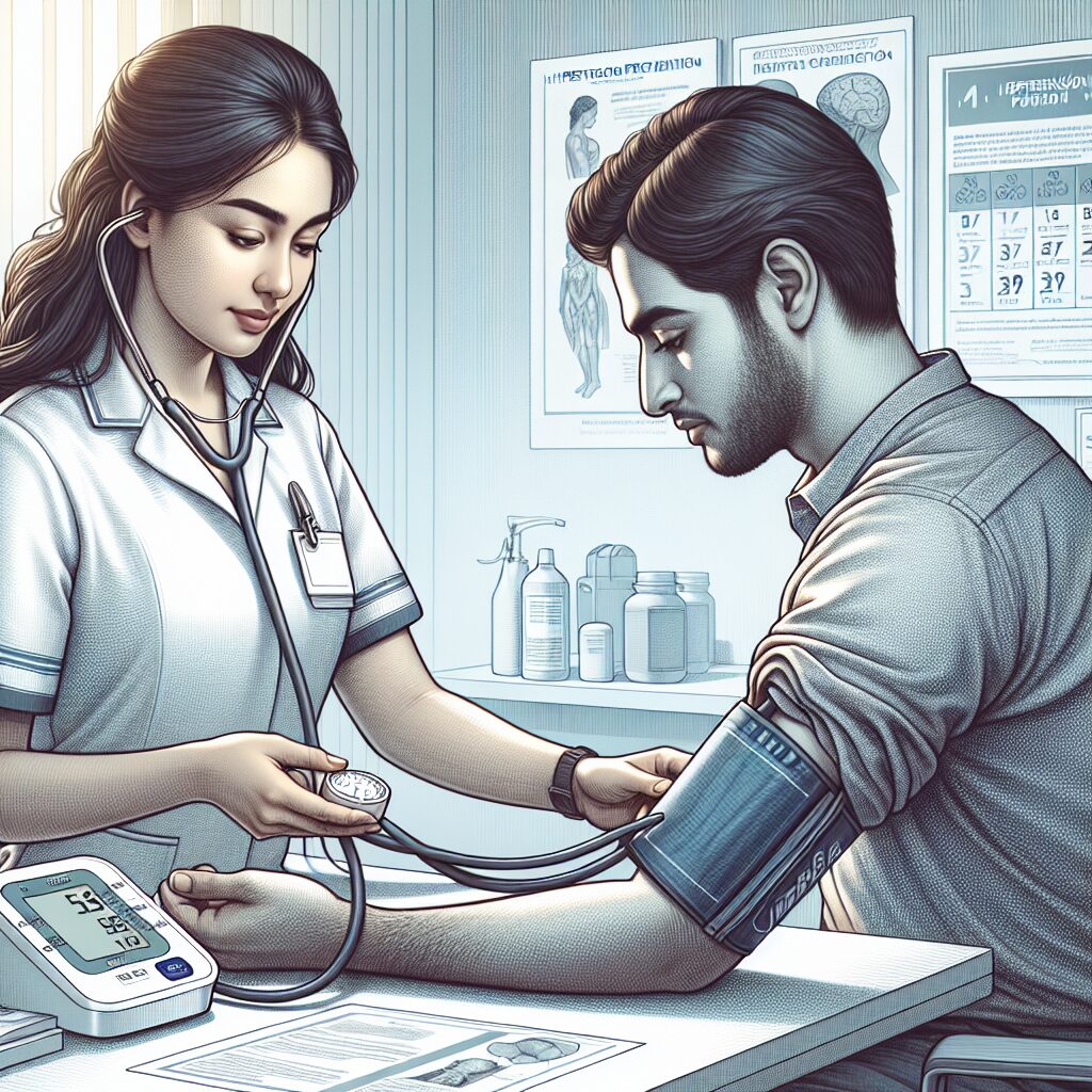 An illustration of a healthcare professional using a digital blood pressure monitor on a patient, emphasizing the concept of early detection of hypertension. Include elements that highlight the importance of regular health check-ups.