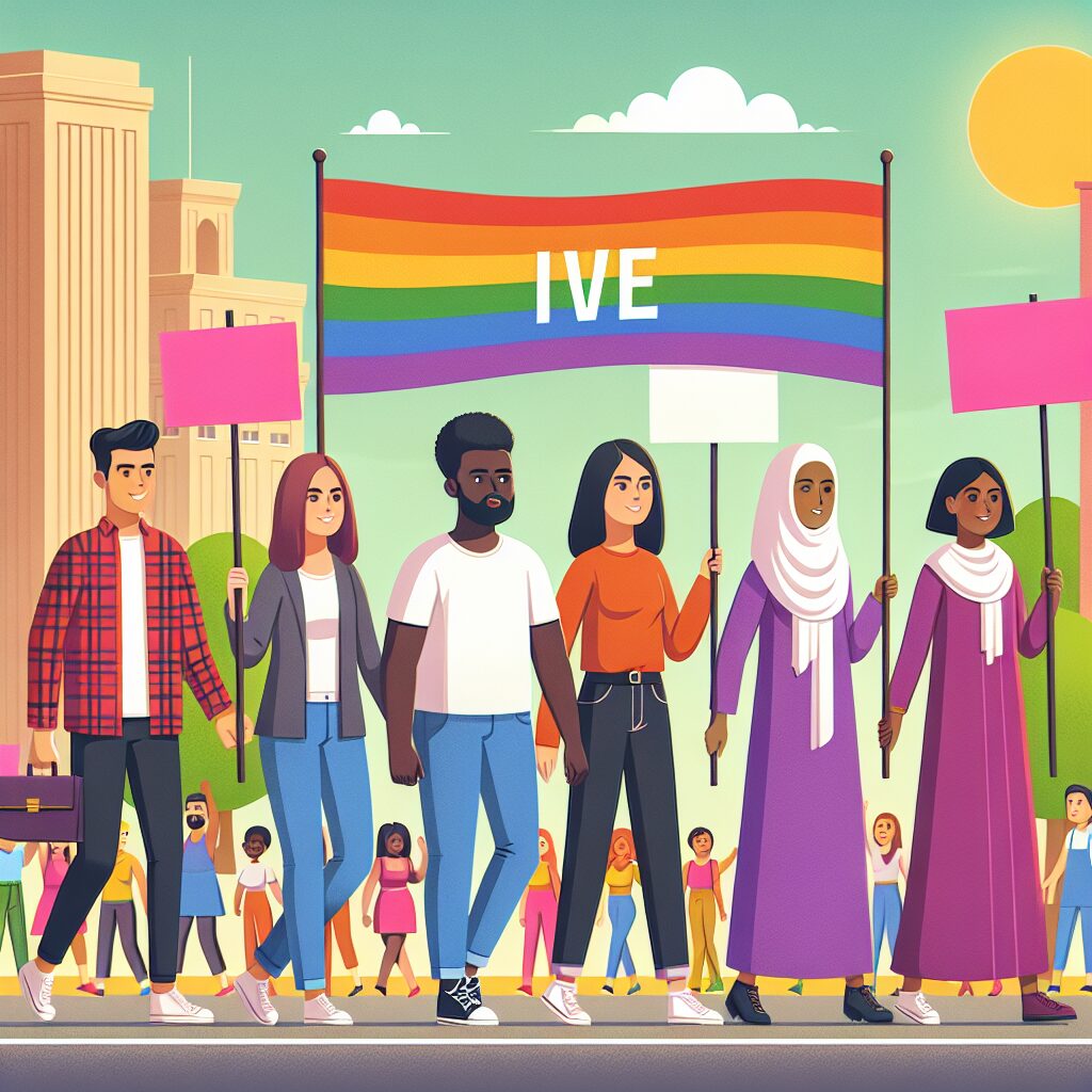 Illustration représentant un groupe de personnes de divers horizons marchant ensemble lors d'une marche des fiertés, avec des banderoles colorées prônant l'inclusion et l'égalité des droits, dans un cadre urbain ensoleillé.
