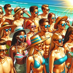 Illustration of a sunny beach scene with people wearing sunglasses and ear protection, symbolizing the protection of eyes and ears during summer activities, vibrant colors, realistic style.