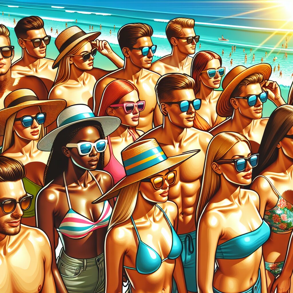 Illustration of a sunny beach scene with people wearing sunglasses and ear protection, symbolizing the protection of eyes and ears during summer activities, vibrant colors, realistic style.