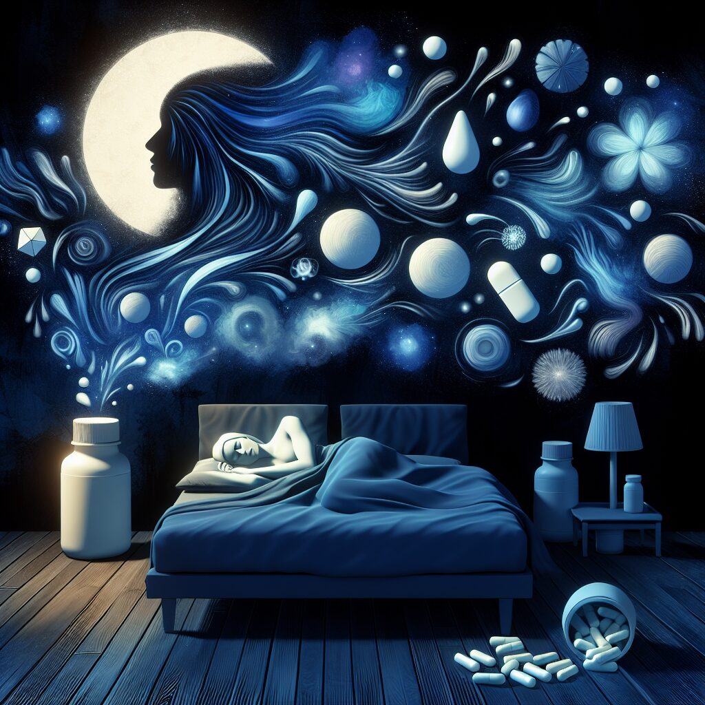 A tranquil bedroom scene at night, with an abstract representation of dream states showing both calm dreams and nightmares. Include elements suggesting melatonin, such as supplement bottles and a serene person asleep in bed. The atmosphere should feel both peaceful and slightly mysterious, capturing the dual nature of melatonin's effects. Dominant colors: deep blue, soft white, and black for the night sky.