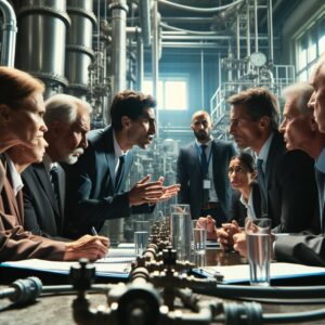 A tense scene of European Commission officials discussing water quality with French representatives, with a backdrop of a water facility, highlighting the urgency and importance of potable water quality compliance.