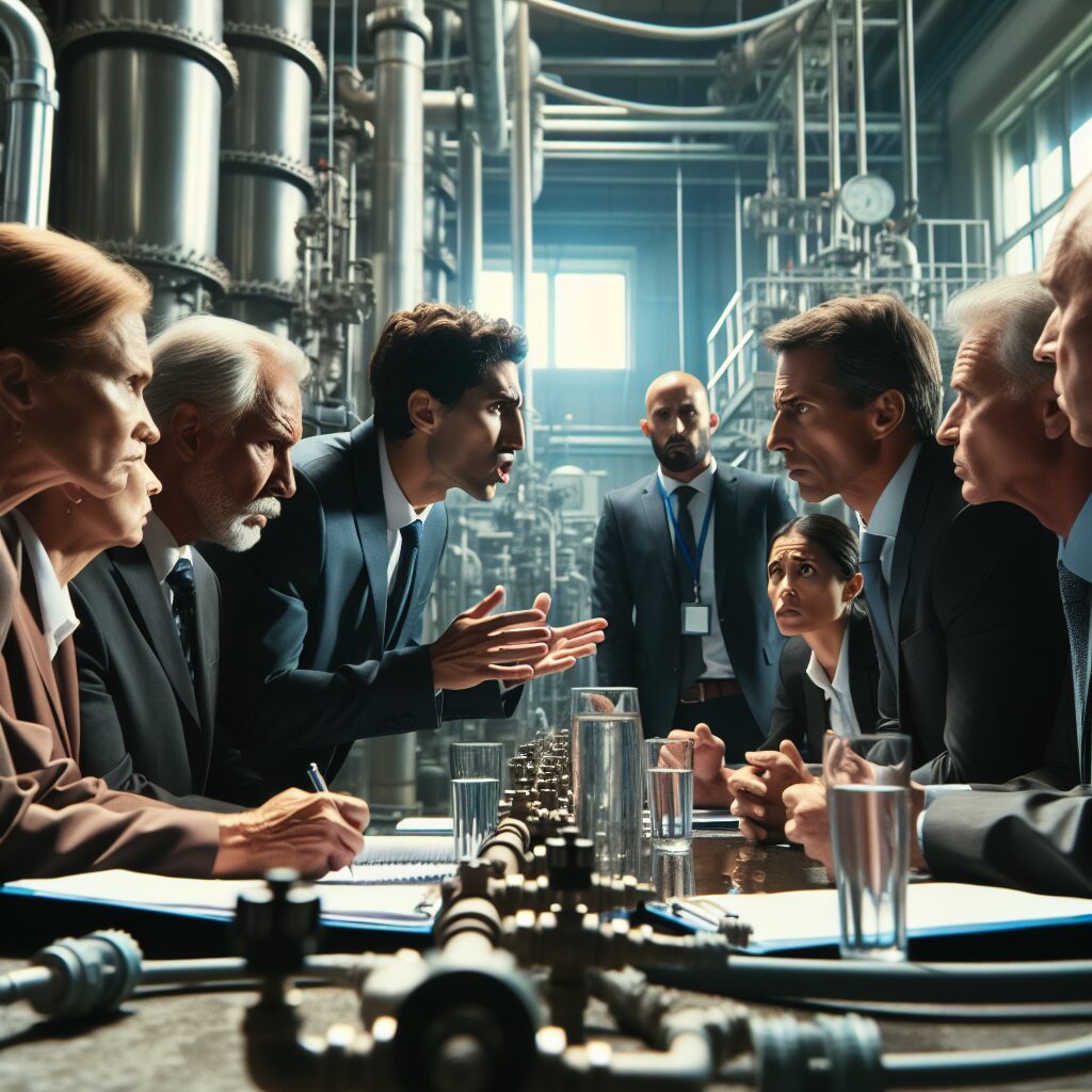 A tense scene of European Commission officials discussing water quality with French representatives, with a backdrop of a water facility, highlighting the urgency and importance of potable water quality compliance.