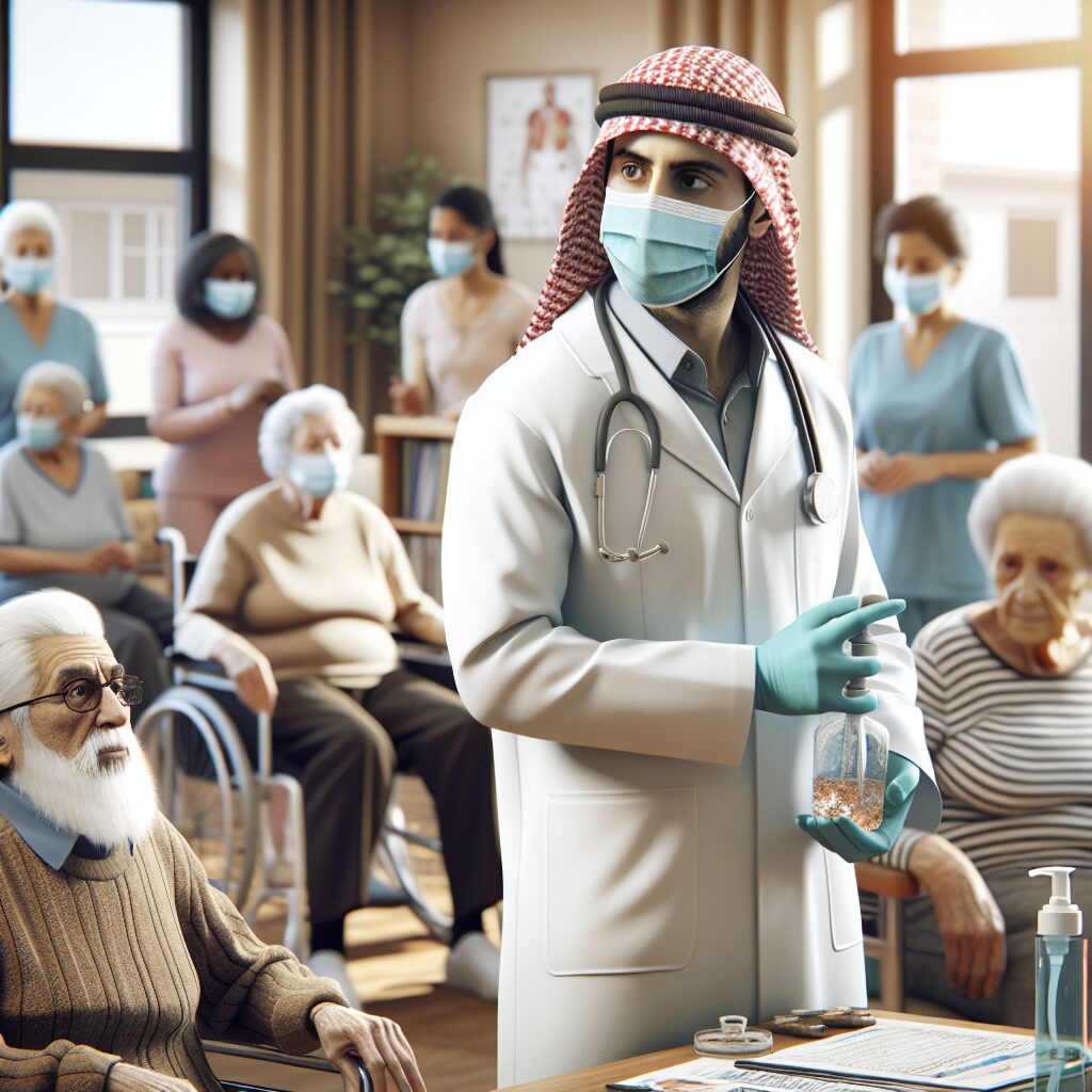 A healthcare professional in a French retirement home (Ehpad) conducting an infection prevention check. The setting is serene with elderly residents involved in daily activities. The focus is on health and safety, showcasing preventive measures like masks, hand sanitizers, and medical charts.