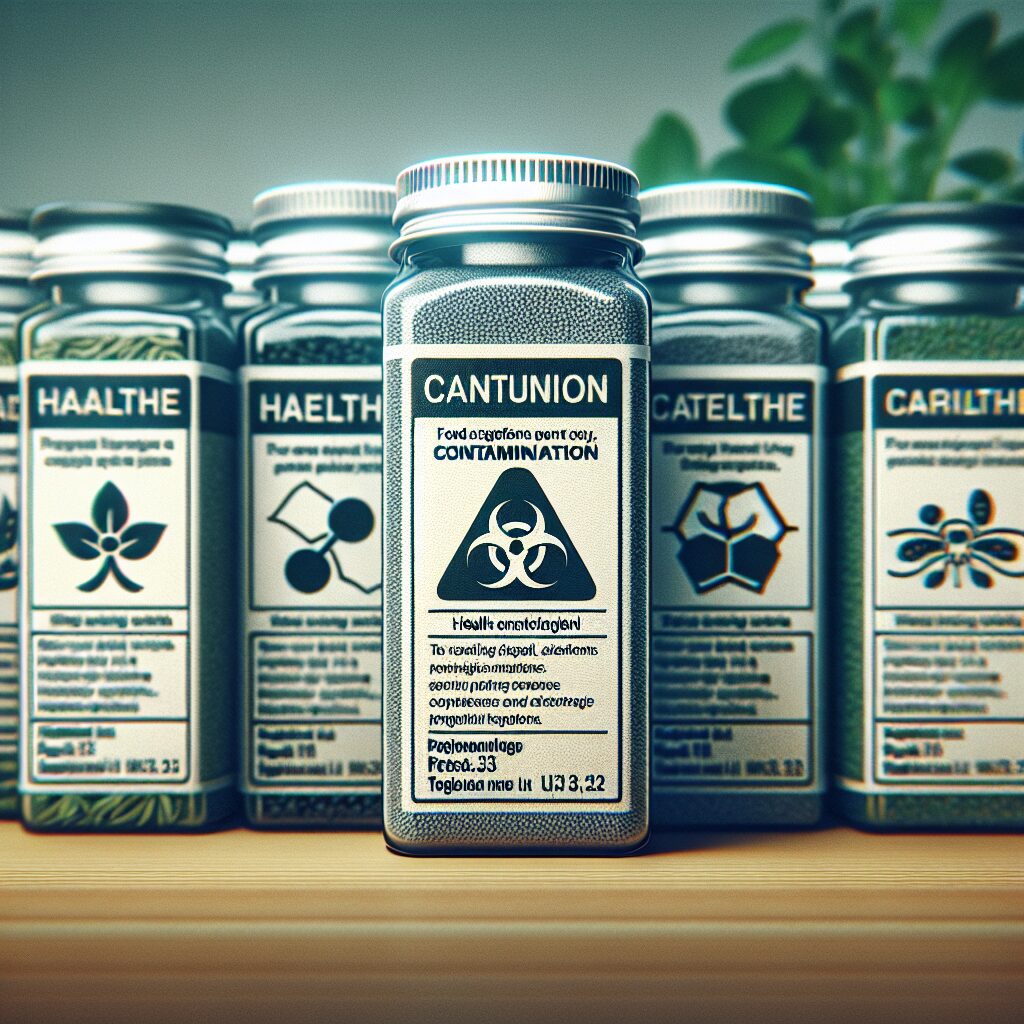 Packaged herbs and spices on a kitchen counter with labels showing contamination symbols, representing a health alert regarding heavy metals and pesticides.
