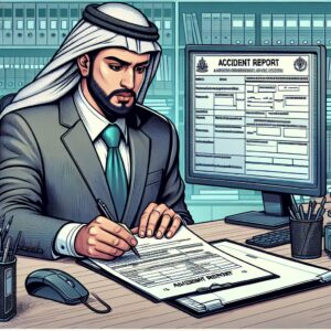 An informative and detailed illustration depicting a person filling out an accident report form with an insurance company, representing the process of third-party claims in case of accidents.