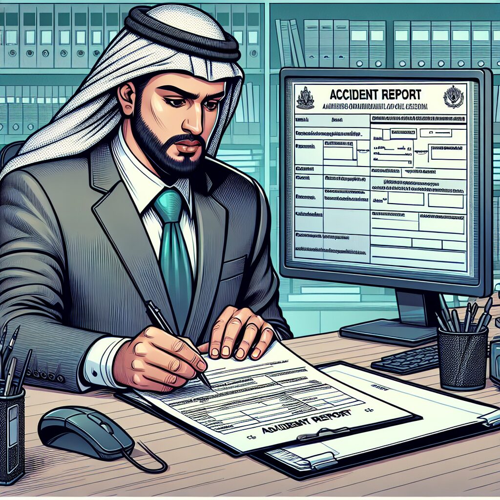 An informative and detailed illustration depicting a person filling out an accident report form with an insurance company, representing the process of third-party claims in case of accidents.