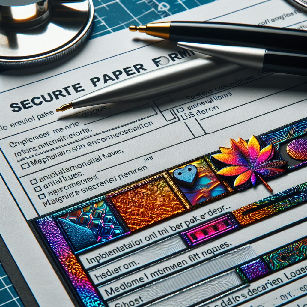 A close-up image of a secured paper form with holographic elements, magnetic inks, and security features, symbolizing enhanced measures against fraud in medical leave forms.