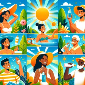 A vibrant summer scene showing people enjoying the outdoors, practicing safety measures like wearing hats, sunscreen application, drinking water, and using hand sanitizers, set against a backdrop of sunlit nature.