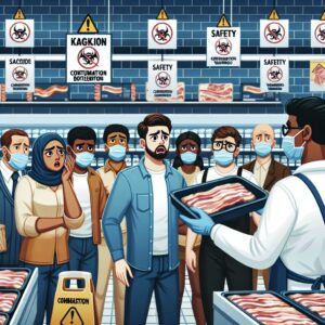 Image illustrating a recall of packaged bacon in a supermarket setting, highlighting contamination, safety warning signs, and concerned customers.