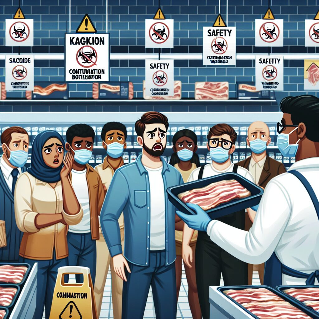 Image illustrating a recall of packaged bacon in a supermarket setting, highlighting contamination, safety warning signs, and concerned customers.