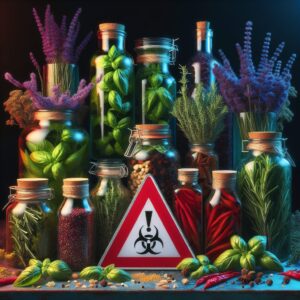 A close-up of various kitchen herbs in glass bottles, with a red warning sign symbolizing contamination and danger; artistic and realistic style with vivid colors.