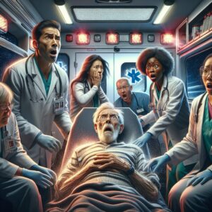 A dramatic scene inside an ambulance, with a surprised medical team witnessing a 78-year-old man unexpectedly waking up. The interior of the ambulance shows medical equipment and a sense of urgency. The setting is in motion, reflecting a night scenario with flashing lights.