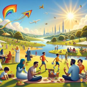 A scenic summer landscape with families relaxing and enjoying outdoor activities under the sun, while staying safe and healthy. The image should exude warmth, safety, and well-being.