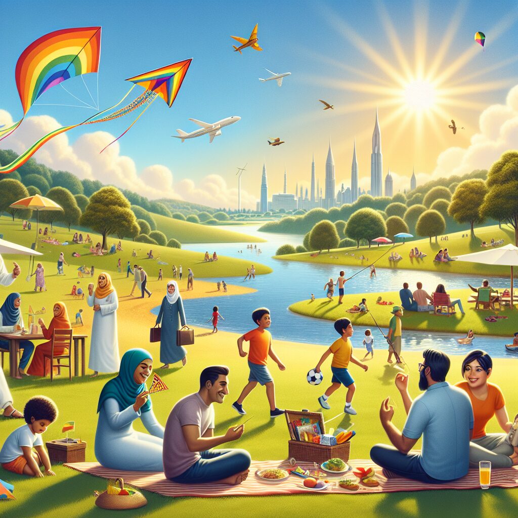 A scenic summer landscape with families relaxing and enjoying outdoor activities under the sun, while staying safe and healthy. The image should exude warmth, safety, and well-being.