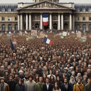 A peaceful protest in front of the French National Assembly with diverse groups of people holding banners, symbolizing unity against an agricultural law. The atmosphere is calm yet determined, with the French flag subtly present in the background.