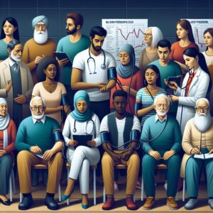 A diverse group of people of different ages and ethnicities, each having their blood pressure measured by healthcare professionals in a community setting, surrounded by informative health posters about blood pressure and heart health.