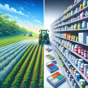 An image depicting a juxtaposition of agricultural fields with pesticide spraying and a pharmacy shelf with anticancer drugs. The scene should have a contrasting color palette to emphasize the duality of the industries.