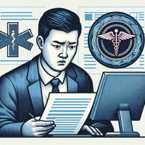 A detailed illustration showing a person filling out a form on a computer with a concerned look, with an insurance paper and a medical cross symbol in the background, signifying an accident claim process.