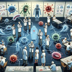 An illustration showing an elderly care facility with medical staff discussing infection control and antibiotic treatment strategies, surrounded by symbolic representations of germs and healthcare tools like charts and plans.