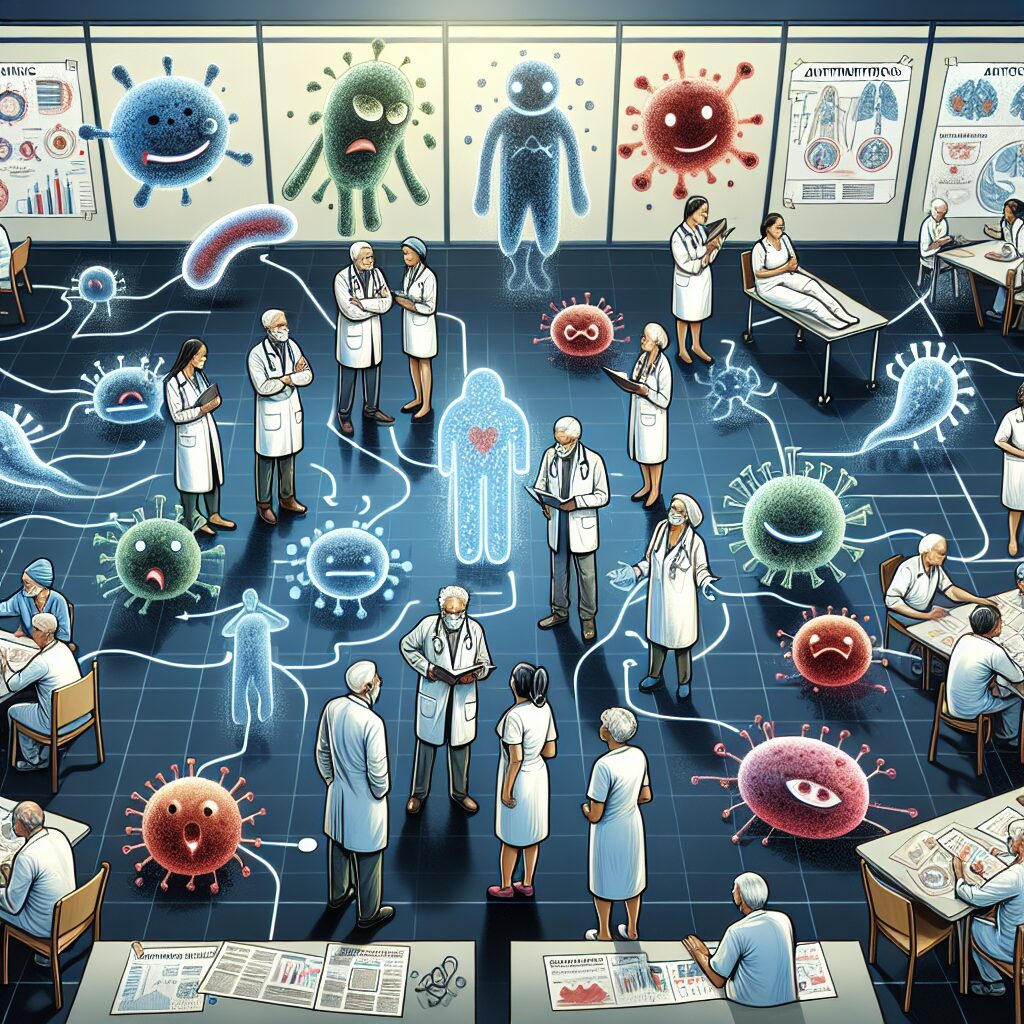 An illustration showing an elderly care facility with medical staff discussing infection control and antibiotic treatment strategies, surrounded by symbolic representations of germs and healthcare tools like charts and plans.