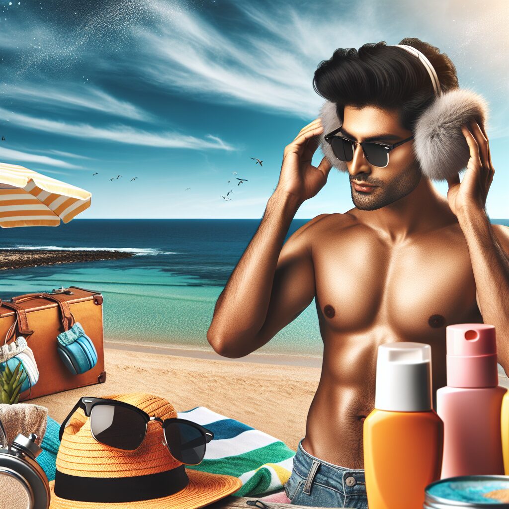 A beach scene with a person wearing sunglasses and ear protection, surrounded by summer elements like a sun hat, beach towel, and a bottle of sunscreen. The ocean is in the background, suggesting a sunny and lively summer day.