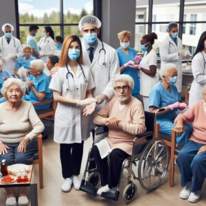 An elderly care facility with medical staff and elderly residents, depicting healthcare and hygiene practices, with a focus on reducing infections and antibiotic use.