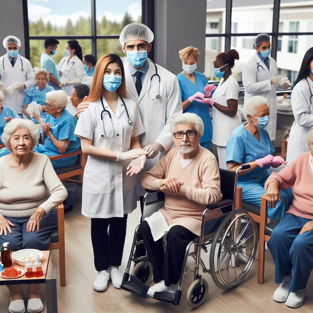 An elderly care facility with medical staff and elderly residents, depicting healthcare and hygiene practices, with a focus on reducing infections and antibiotic use.