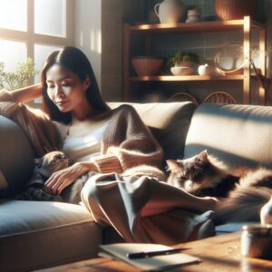 A peaceful domestic scene with a person relaxing on a couch, accompanied by a cat and a dog. The setting should be cozy, with natural light and an atmosphere of tranquility, emphasizing the bond between humans and their pets.