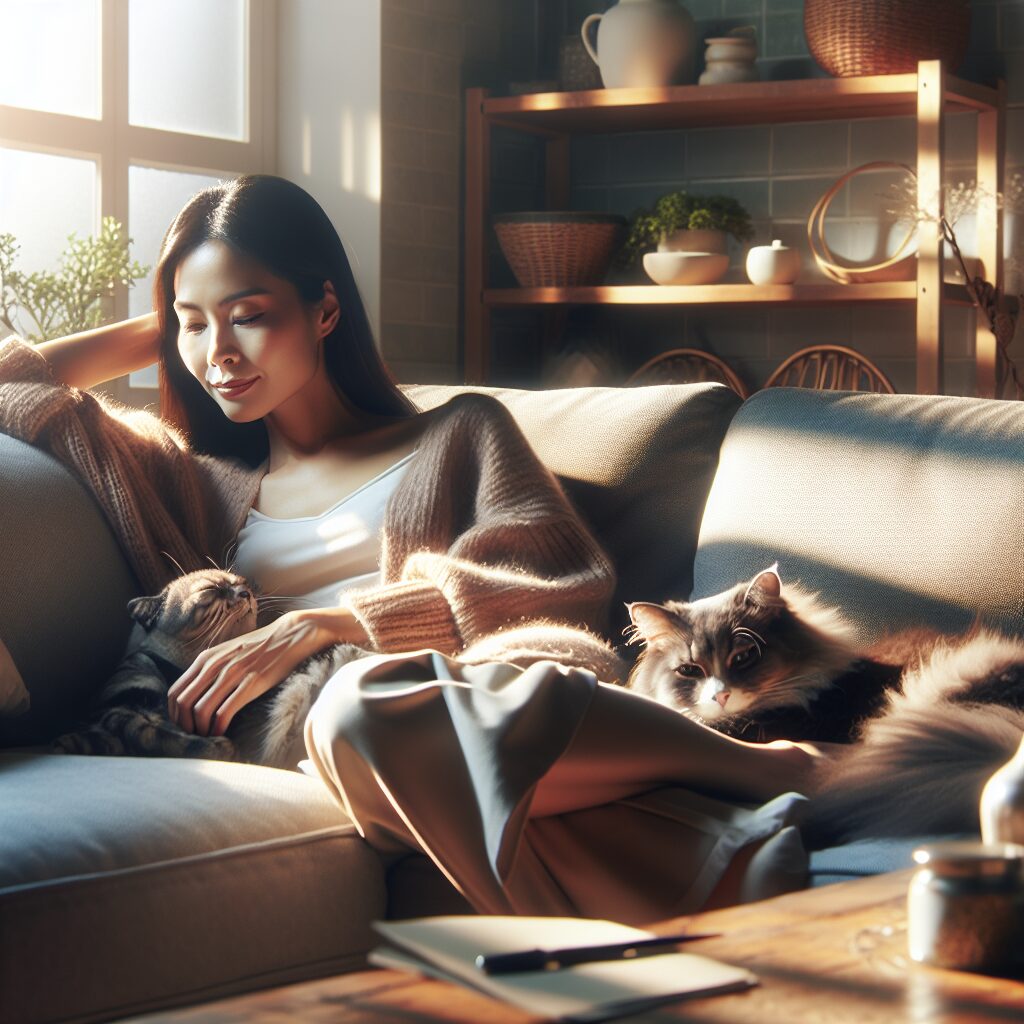 A peaceful domestic scene with a person relaxing on a couch, accompanied by a cat and a dog. The setting should be cozy, with natural light and an atmosphere of tranquility, emphasizing the bond between humans and their pets.