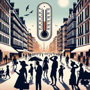 Image de la canicule en France, avec un thermomètre atteignant 43°C dans une rue parisienne animée, des silhouettes de personnes cherchant de l'ombre et des bâtiments haussmanniens en arrière-plan.
