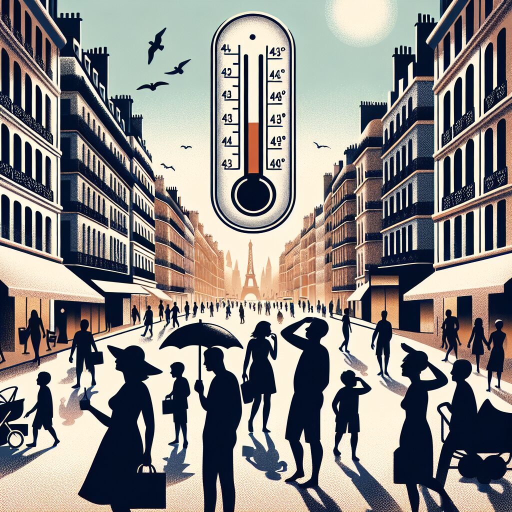 Image de la canicule en France, avec un thermomètre atteignant 43°C dans une rue parisienne animée, des silhouettes de personnes cherchant de l'ombre et des bâtiments haussmanniens en arrière-plan.