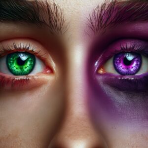 A close-up of a person's eyes showing vivid and unnatural eye colors, highlighting the contrast and risks associated with cosmetic eye alteration; vibrant and detailed render.