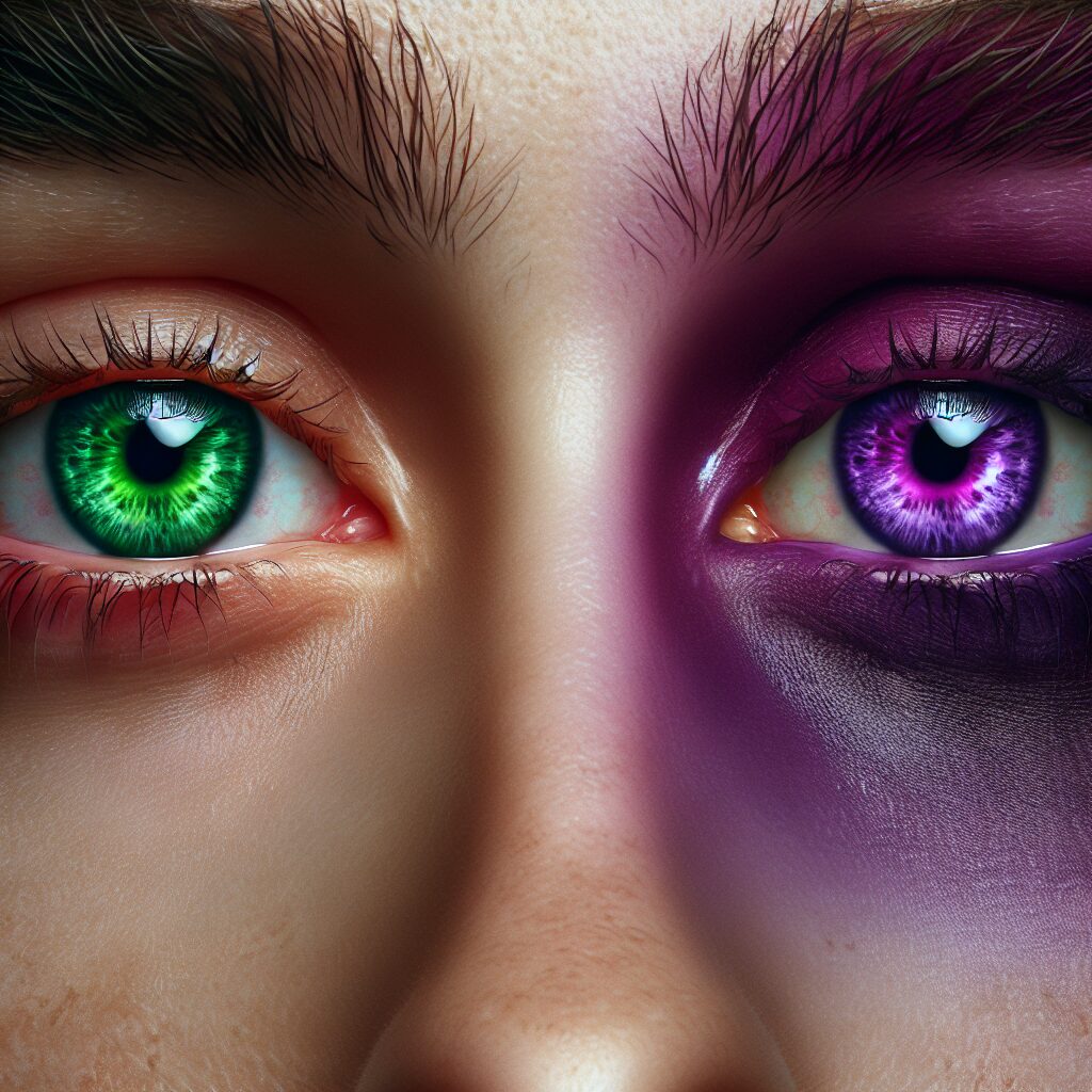 A close-up of a person's eyes showing vivid and unnatural eye colors, highlighting the contrast and risks associated with cosmetic eye alteration; vibrant and detailed render.