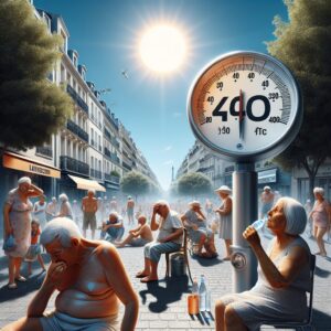 A powerful image depicting a scorching heatwave affecting France, with a thermometer showing over 40°C in an urban setting, and elderly people seeking shade or hydration.