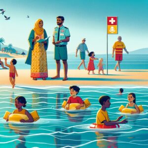 A serene summer scene at a beach with families playing safely, lifeguards on duty, clear blue waters, children with floaties, and safety signs prominently displayed. Warm, sunny weather with a clear sky and gentle waves.