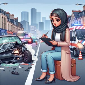 Illustration d'un accident de la route avec un personnage remplissant un formulaire, symbolisant la procédure de recours contre tiers en France.