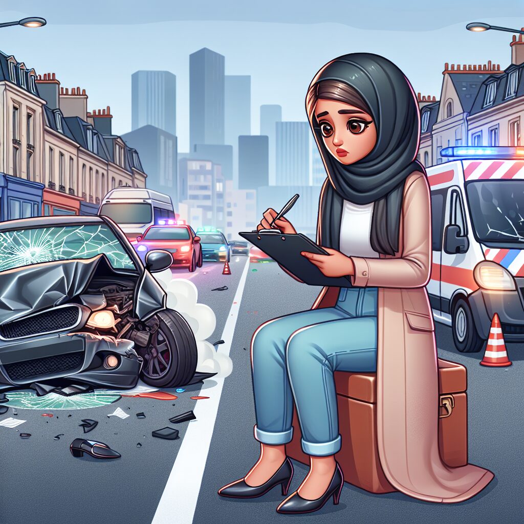Illustration d'un accident de la route avec un personnage remplissant un formulaire, symbolisant la procédure de recours contre tiers en France.
