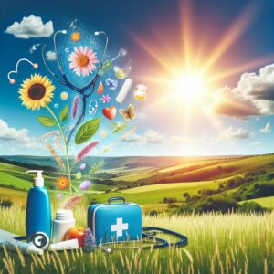 A picturesque summer scene with elements symbolizing health and safety, including sunscreen, medical kits, and symbols of common summer ailments like pollen for allergies and a stethoscope signifying healthcare.