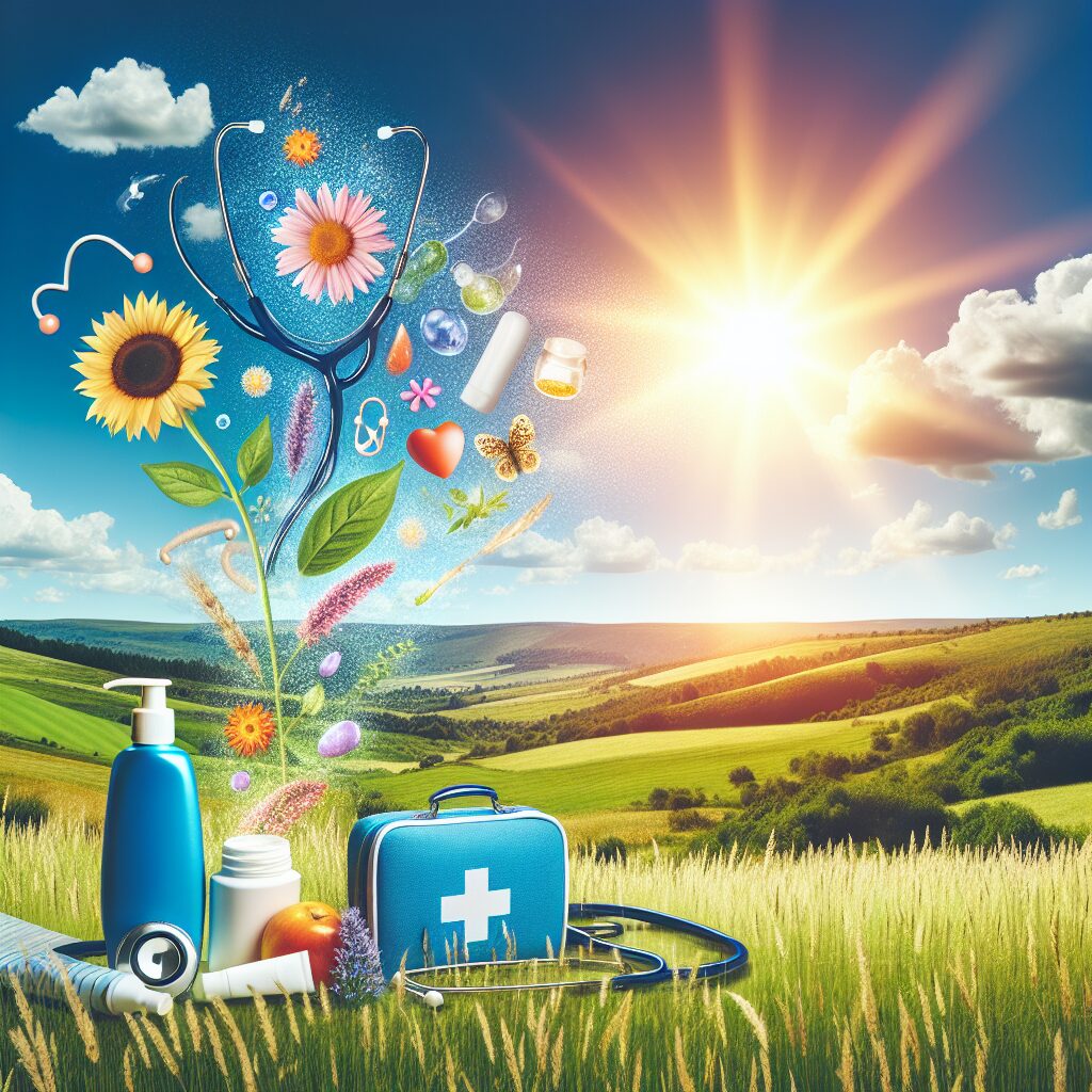 A picturesque summer scene with elements symbolizing health and safety, including sunscreen, medical kits, and symbols of common summer ailments like pollen for allergies and a stethoscope signifying healthcare.